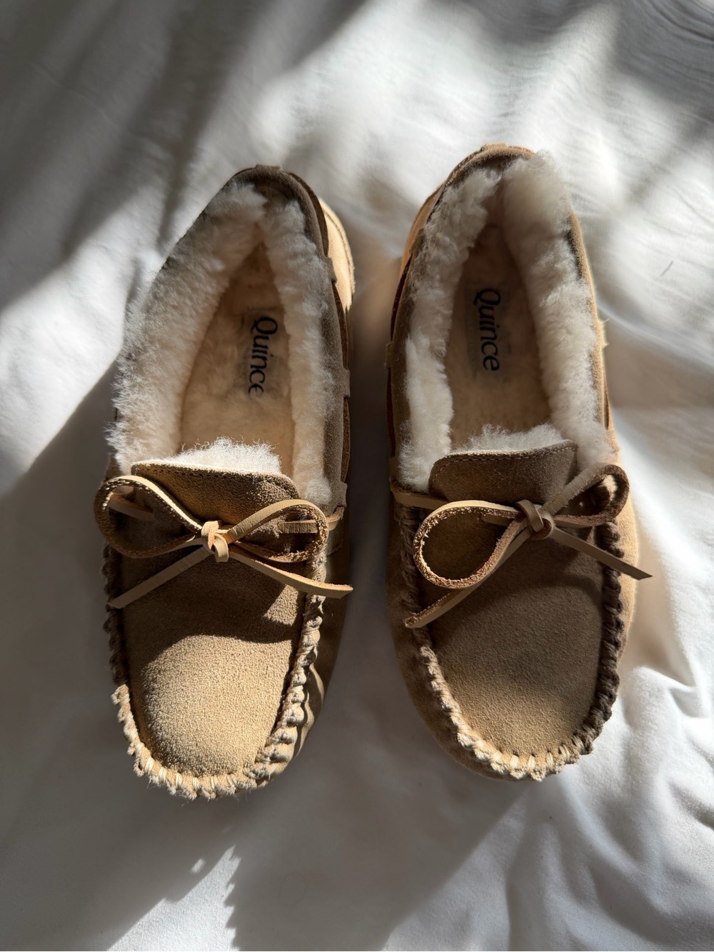 Quince Chestnut Suede Shearling Moccasin Slippers